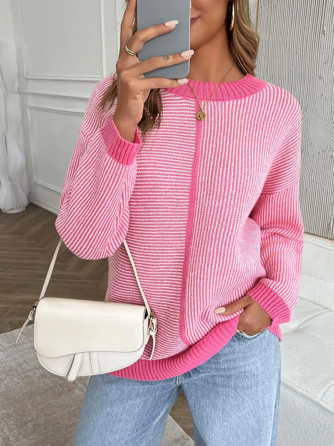 Saodimallsu Womens Striped Sweaters Oversized Winter Crew Neck Long Sleeve Ribbed Knit Trendy Pullover Tops