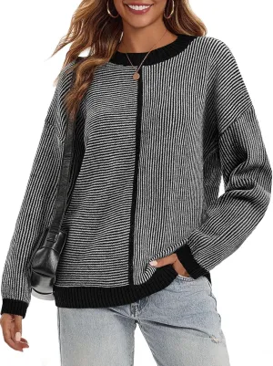 Saodimallsu Womens Striped Sweaters Oversized Winter Crew Neck Long Sleeve Ribbed Knit Trendy Pullover Tops