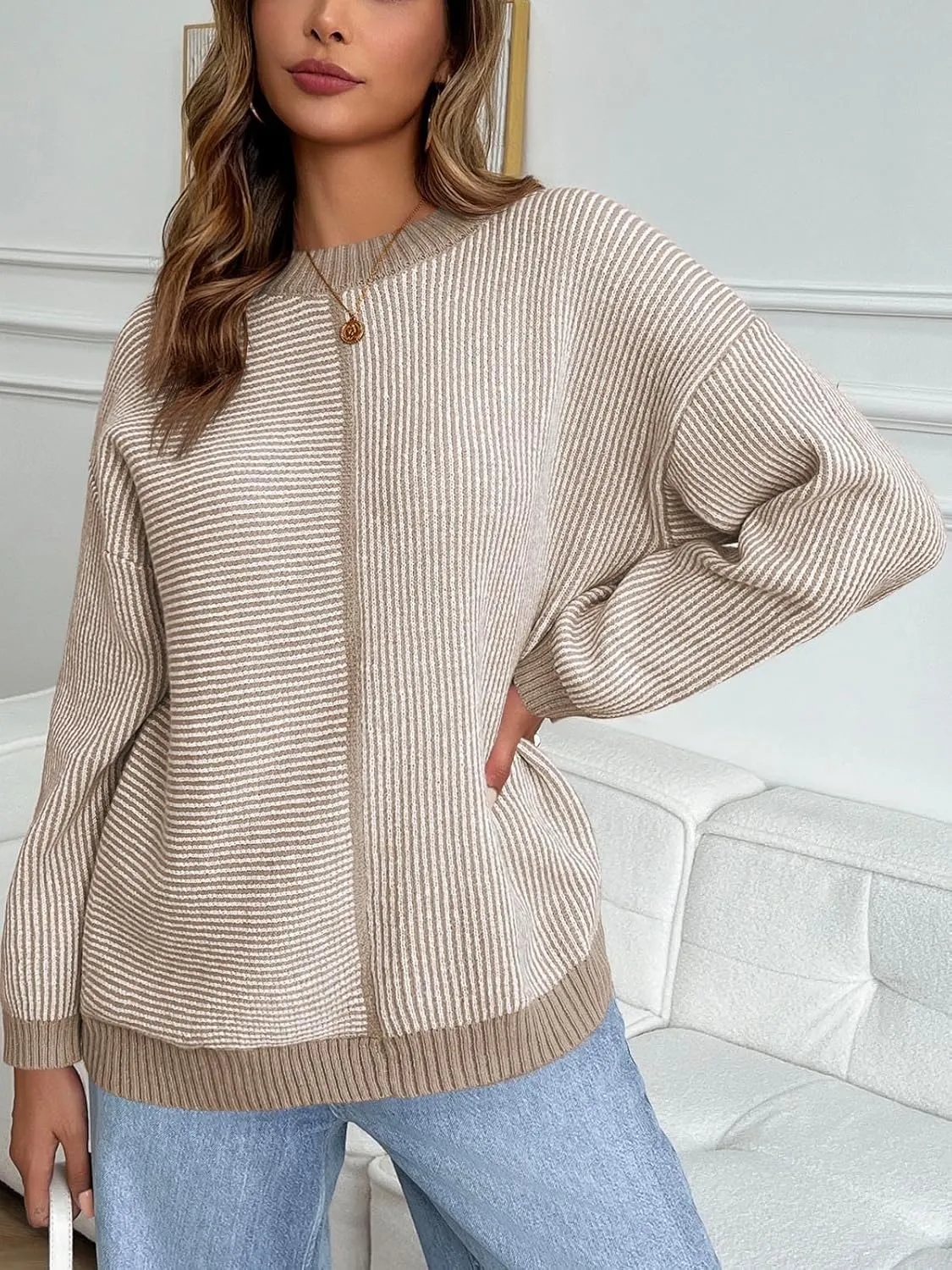 Saodimallsu Womens Striped Sweaters Oversized Winter Crew Neck Long Sleeve Ribbed Knit Trendy Pullover Tops