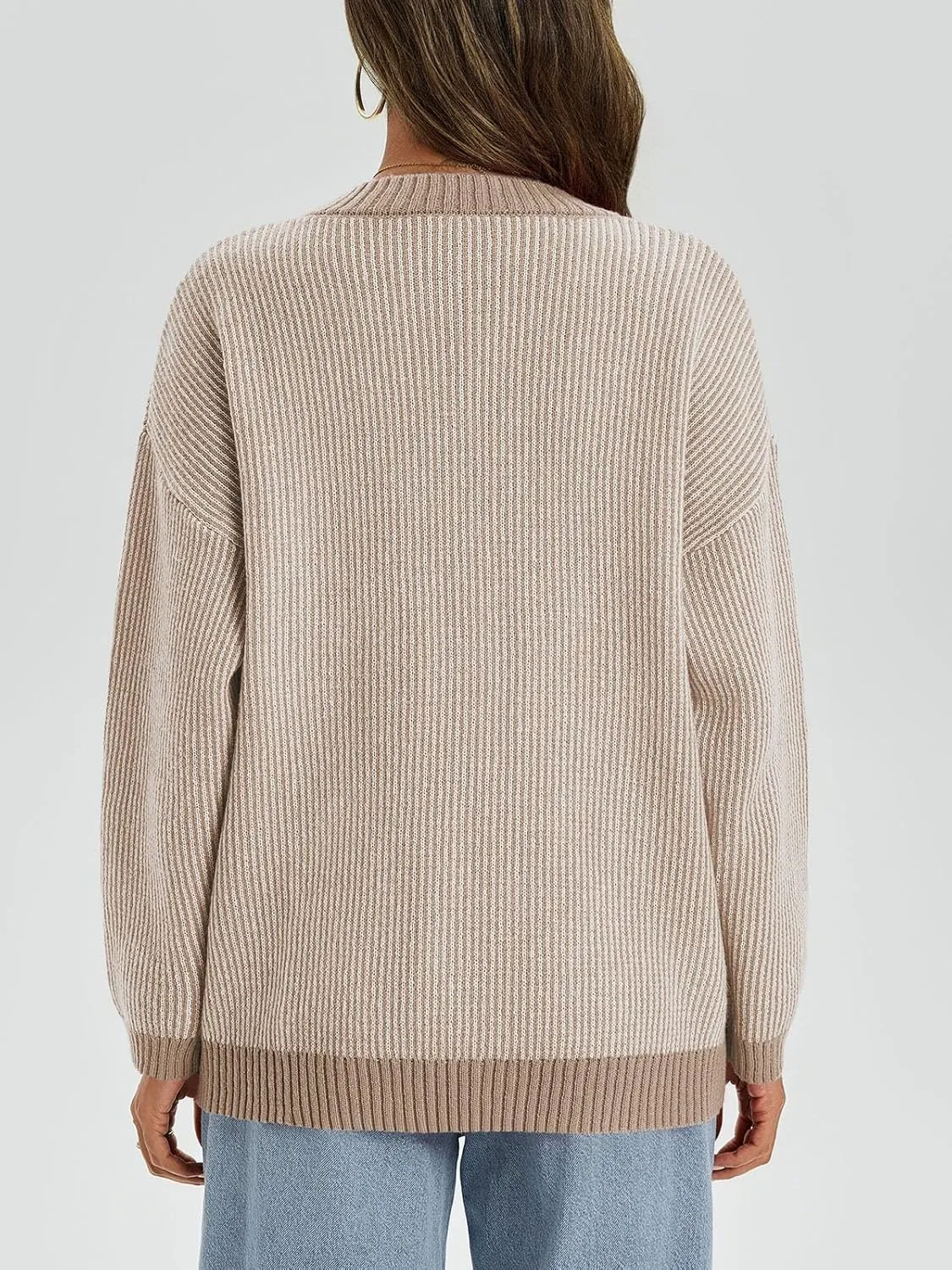 Saodimallsu Womens Striped Sweaters Oversized Winter Crew Neck Long Sleeve Ribbed Knit Trendy Pullover Tops