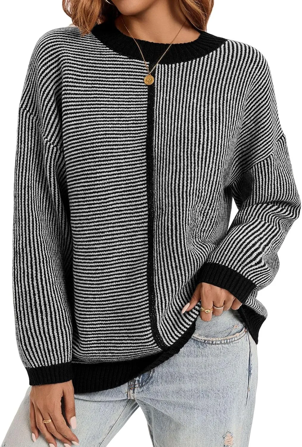 Saodimallsu Womens Striped Sweaters Oversized Winter Crew Neck Long Sleeve Ribbed Knit Trendy Pullover Tops