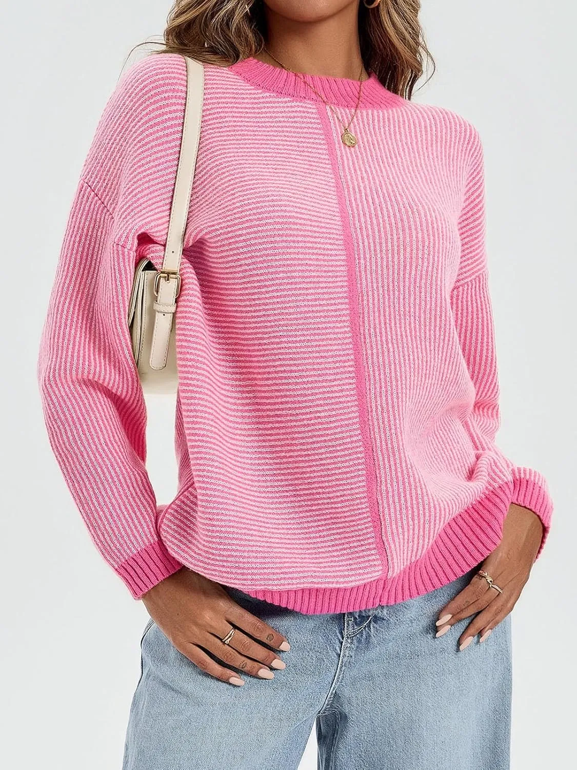 Saodimallsu Womens Striped Sweaters Oversized Winter Crew Neck Long Sleeve Ribbed Knit Trendy Pullover Tops