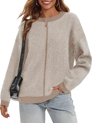 Saodimallsu Womens Striped Sweaters Oversized Winter Crew Neck Long Sleeve Ribbed Knit Trendy Pullover Tops