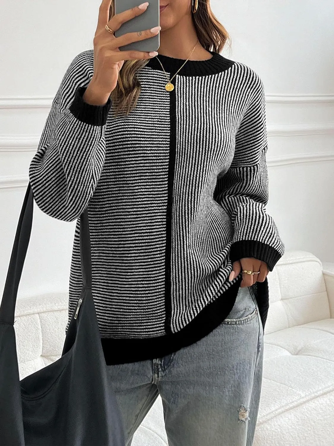 Saodimallsu Womens Striped Sweaters Oversized Winter Crew Neck Long Sleeve Ribbed Knit Trendy Pullover Tops