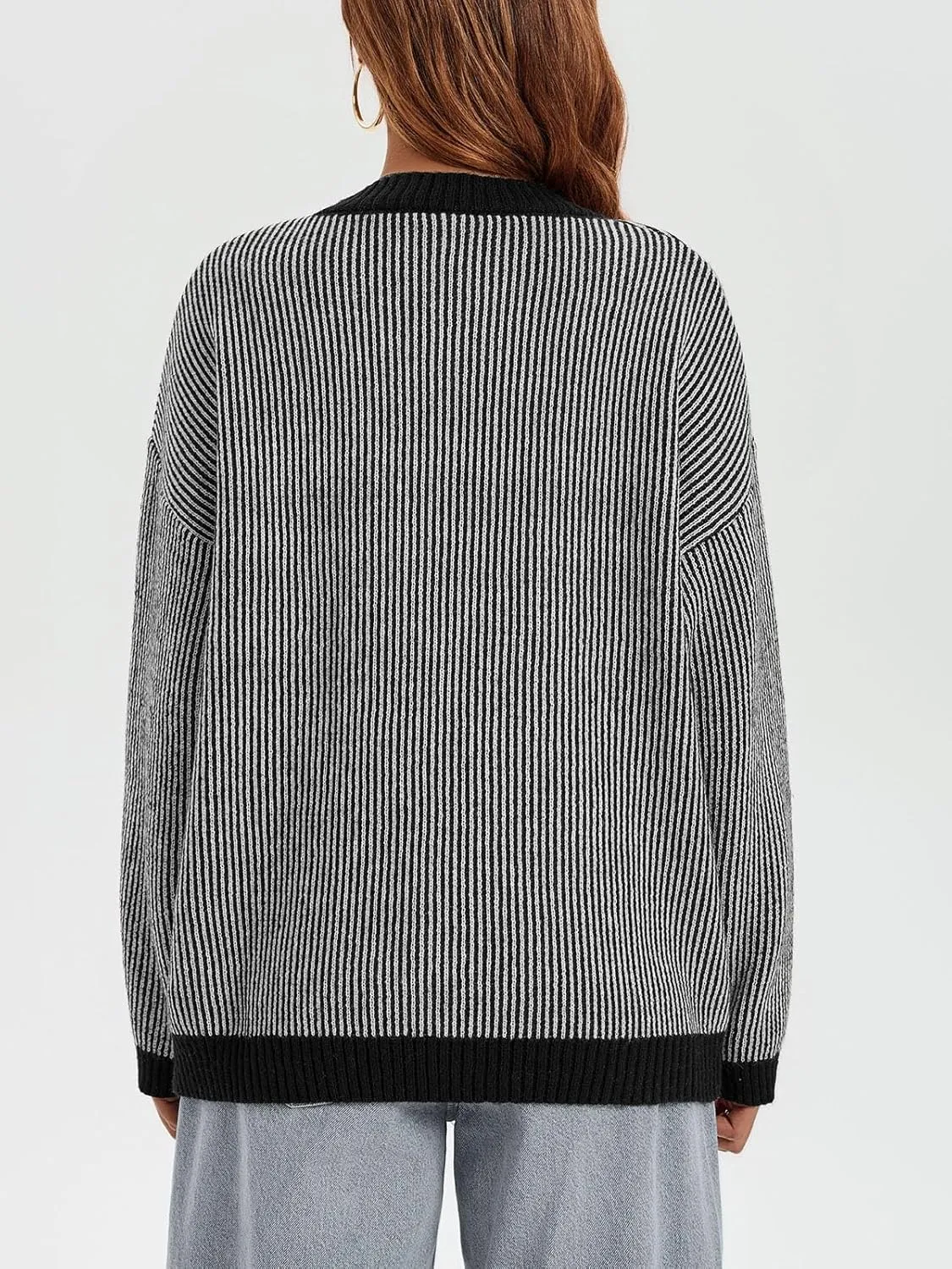 Saodimallsu Womens Striped Sweaters Oversized Winter Crew Neck Long Sleeve Ribbed Knit Trendy Pullover Tops