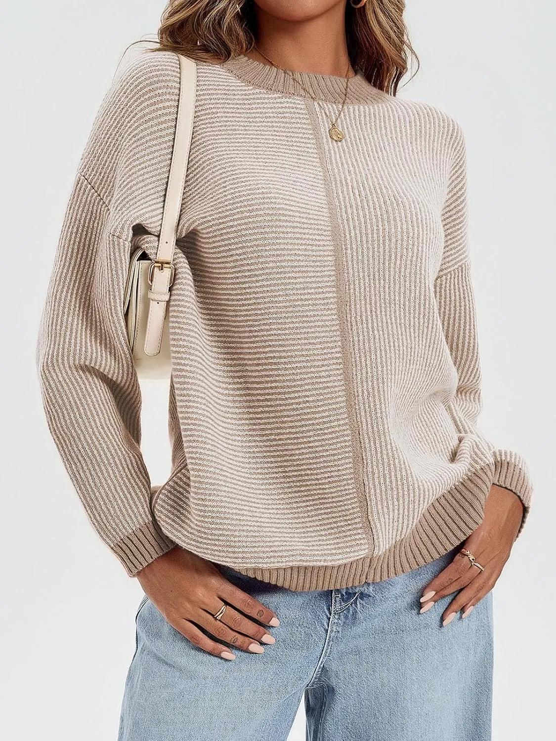 Saodimallsu Womens Striped Sweaters Oversized Winter Crew Neck Long Sleeve Ribbed Knit Trendy Pullover Tops