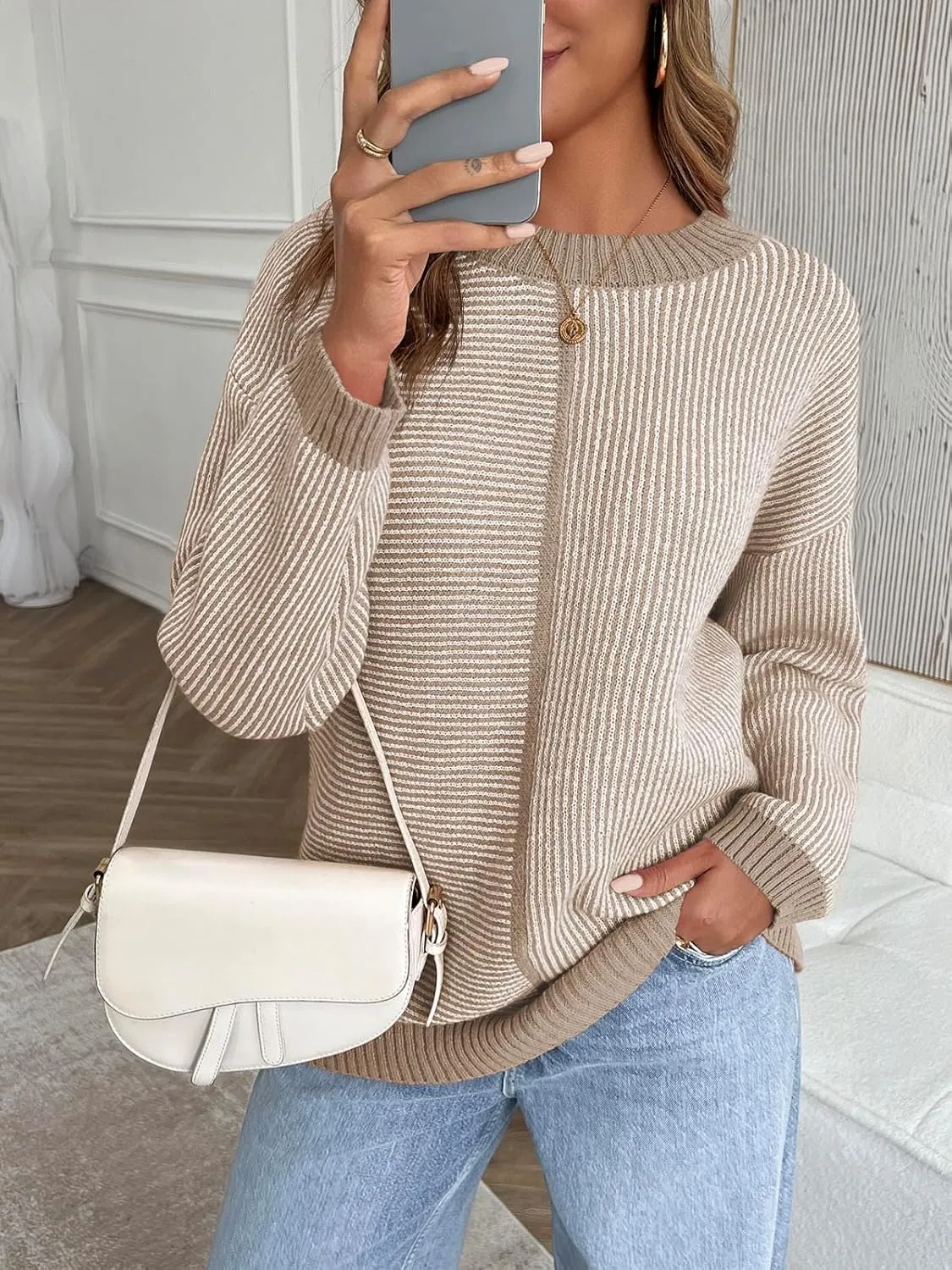 Saodimallsu Womens Striped Sweaters Oversized Winter Crew Neck Long Sleeve Ribbed Knit Trendy Pullover Tops
