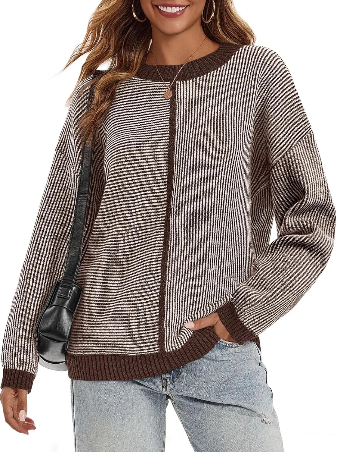 Saodimallsu Womens Striped Sweaters Oversized Winter Crew Neck Long Sleeve Ribbed Knit Trendy Pullover Tops