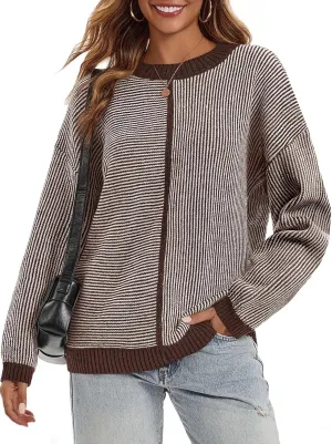 Saodimallsu Womens Striped Sweaters Oversized Winter Crew Neck Long Sleeve Ribbed Knit Trendy Pullover Tops