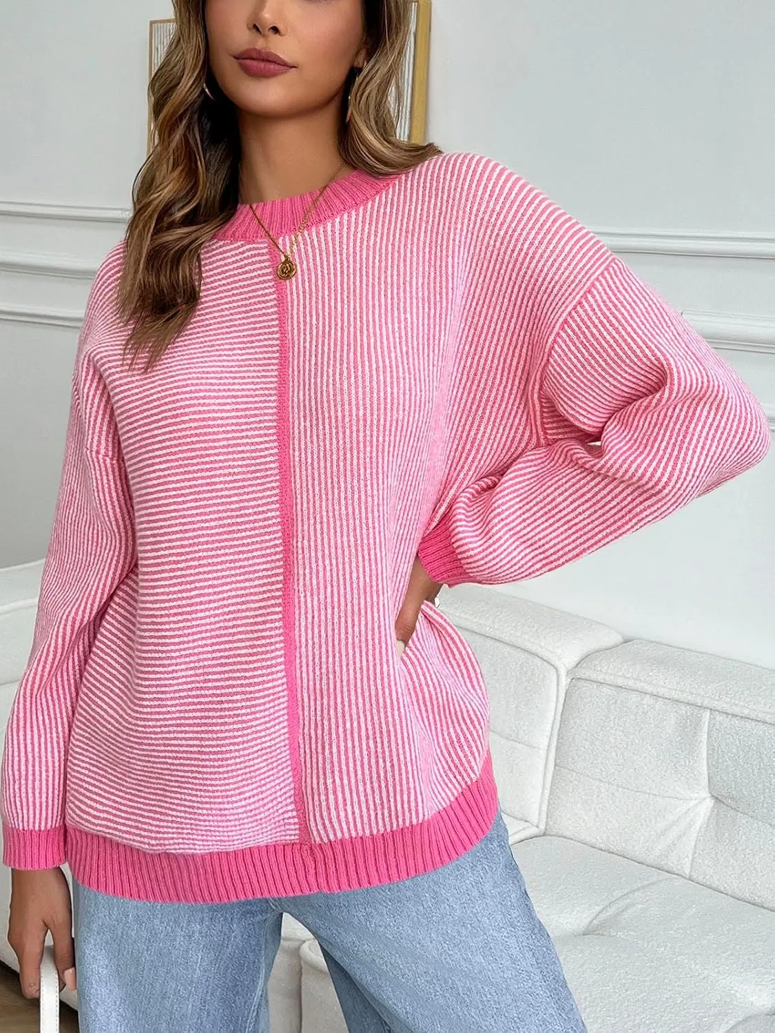Saodimallsu Womens Striped Sweaters Oversized Winter Crew Neck Long Sleeve Ribbed Knit Trendy Pullover Tops