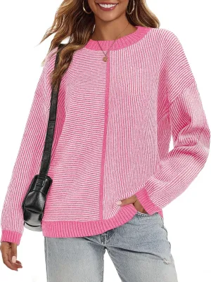 Saodimallsu Womens Striped Sweaters Oversized Winter Crew Neck Long Sleeve Ribbed Knit Trendy Pullover Tops