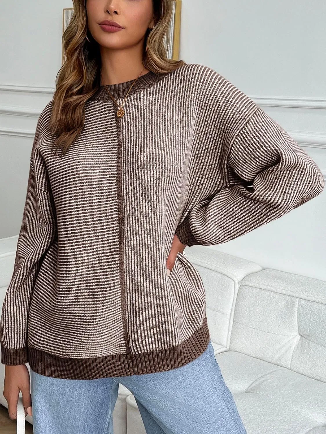 Saodimallsu Womens Striped Sweaters Oversized Winter Crew Neck Long Sleeve Ribbed Knit Trendy Pullover Tops