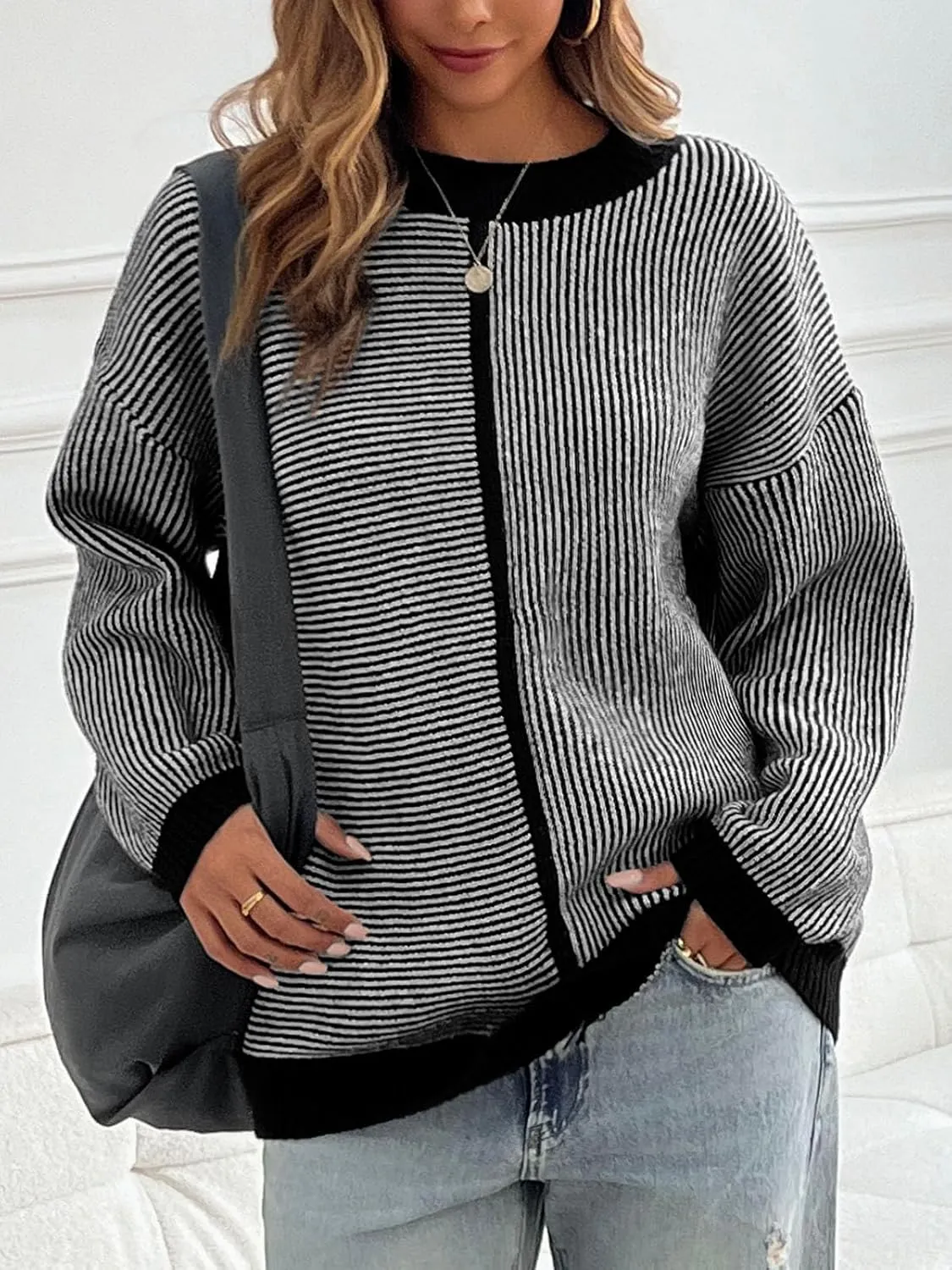 Saodimallsu Womens Striped Sweaters Oversized Winter Crew Neck Long Sleeve Ribbed Knit Trendy Pullover Tops