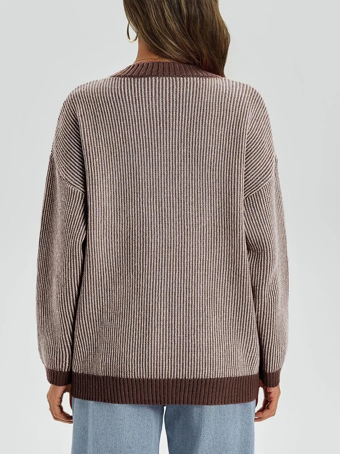 Saodimallsu Womens Striped Sweaters Oversized Winter Crew Neck Long Sleeve Ribbed Knit Trendy Pullover Tops