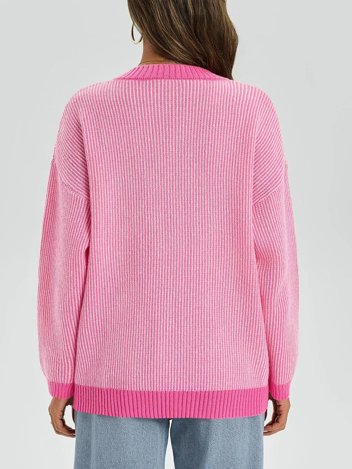 Saodimallsu Womens Striped Sweaters Oversized Winter Crew Neck Long Sleeve Ribbed Knit Trendy Pullover Tops