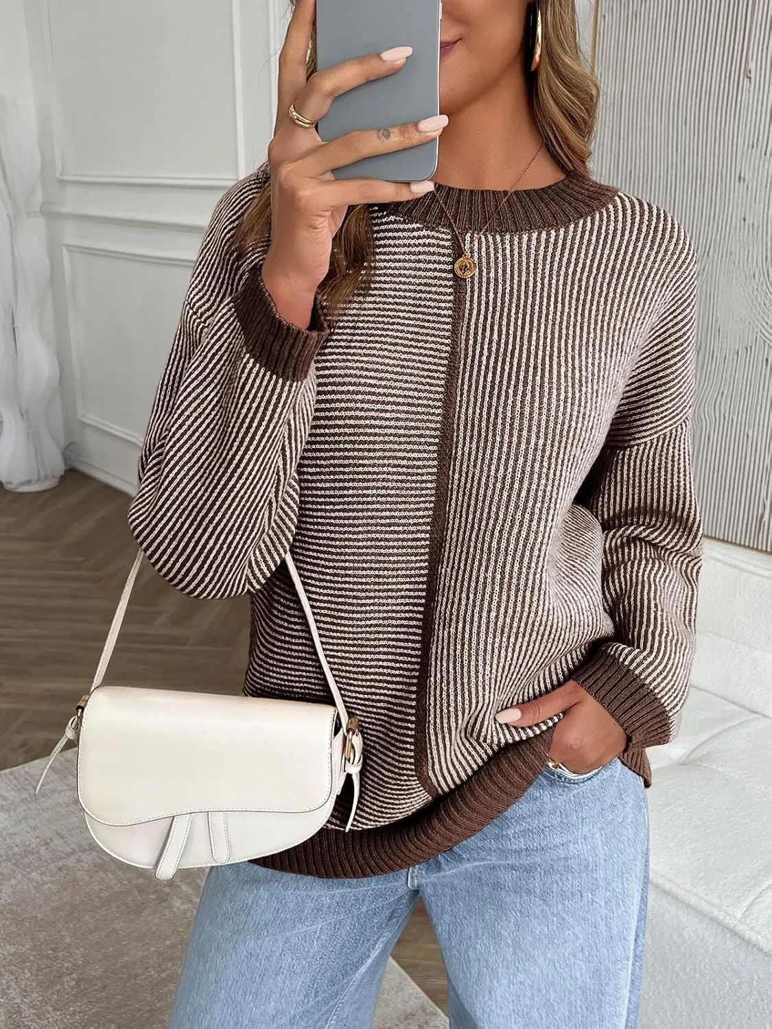 Saodimallsu Womens Striped Sweaters Oversized Winter Crew Neck Long Sleeve Ribbed Knit Trendy Pullover Tops