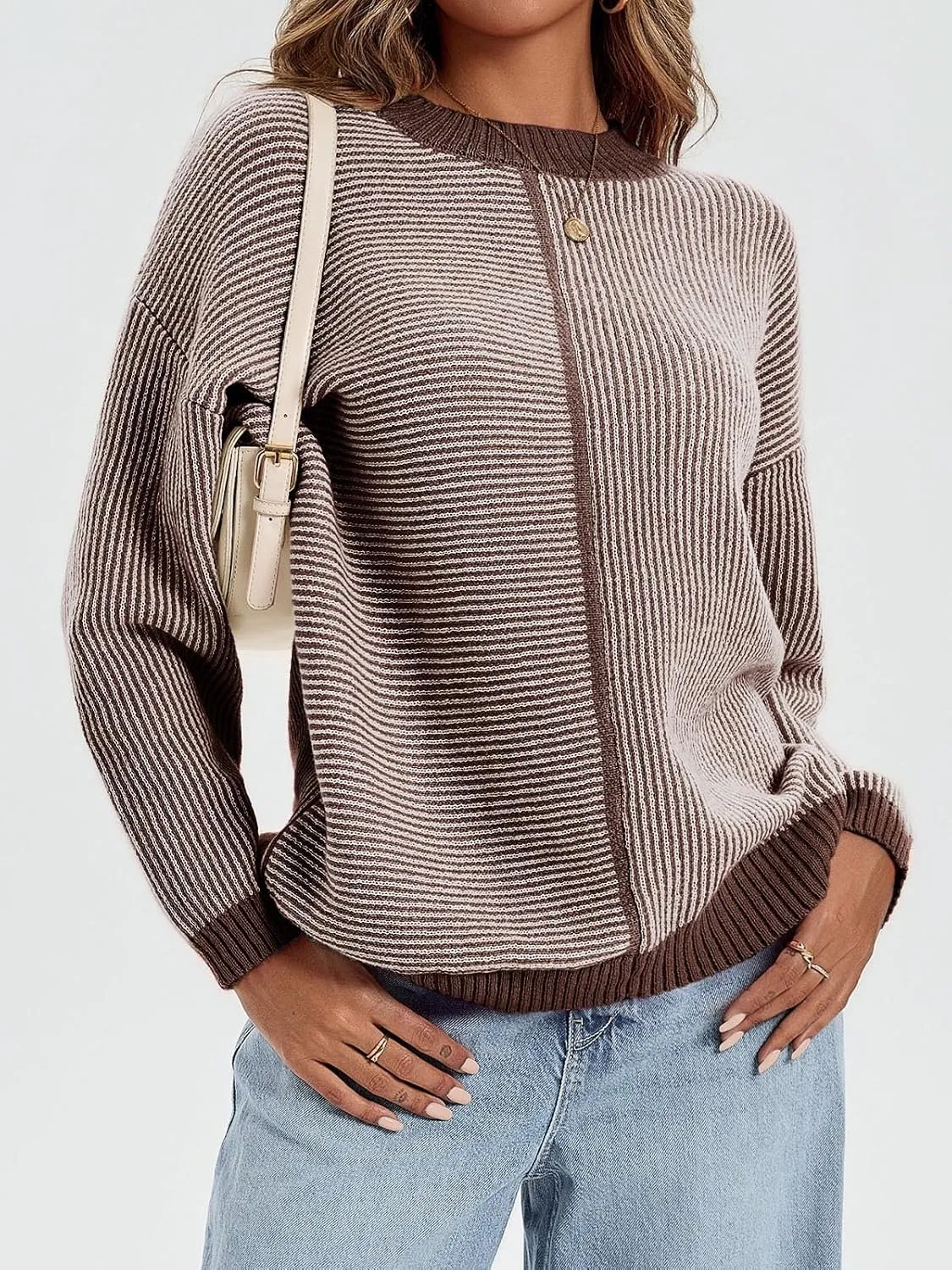 Saodimallsu Womens Striped Sweaters Oversized Winter Crew Neck Long Sleeve Ribbed Knit Trendy Pullover Tops