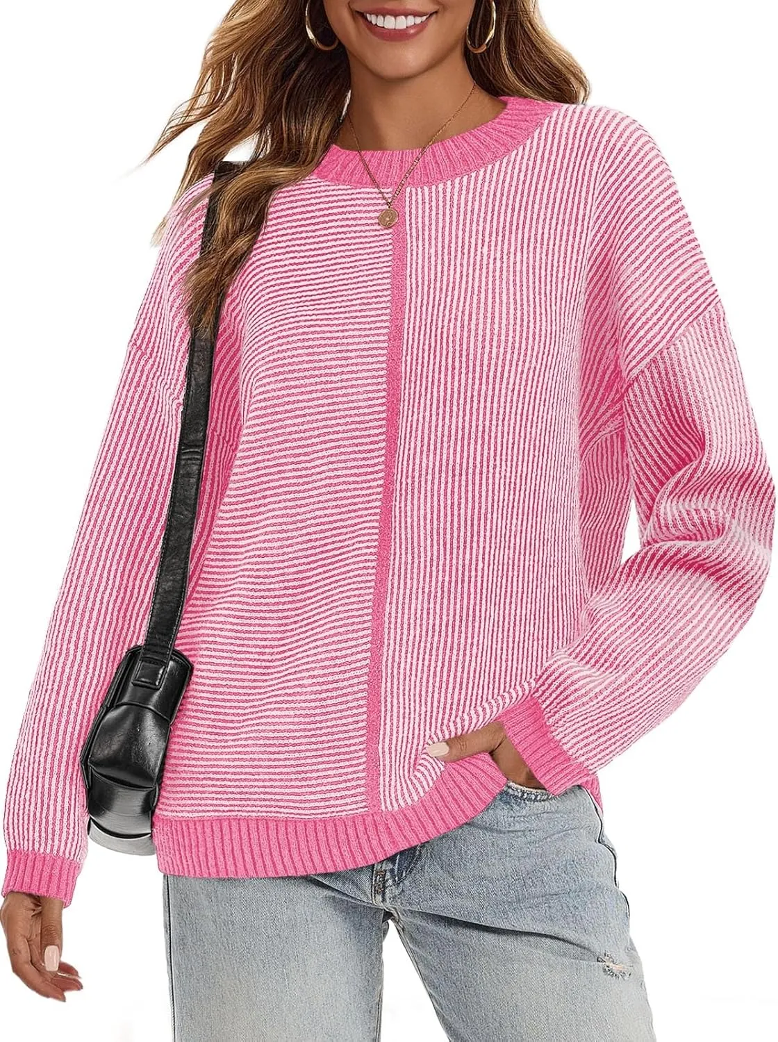 Saodimallsu Womens Striped Sweaters Oversized Winter Crew Neck Long Sleeve Ribbed Knit Trendy Pullover Tops