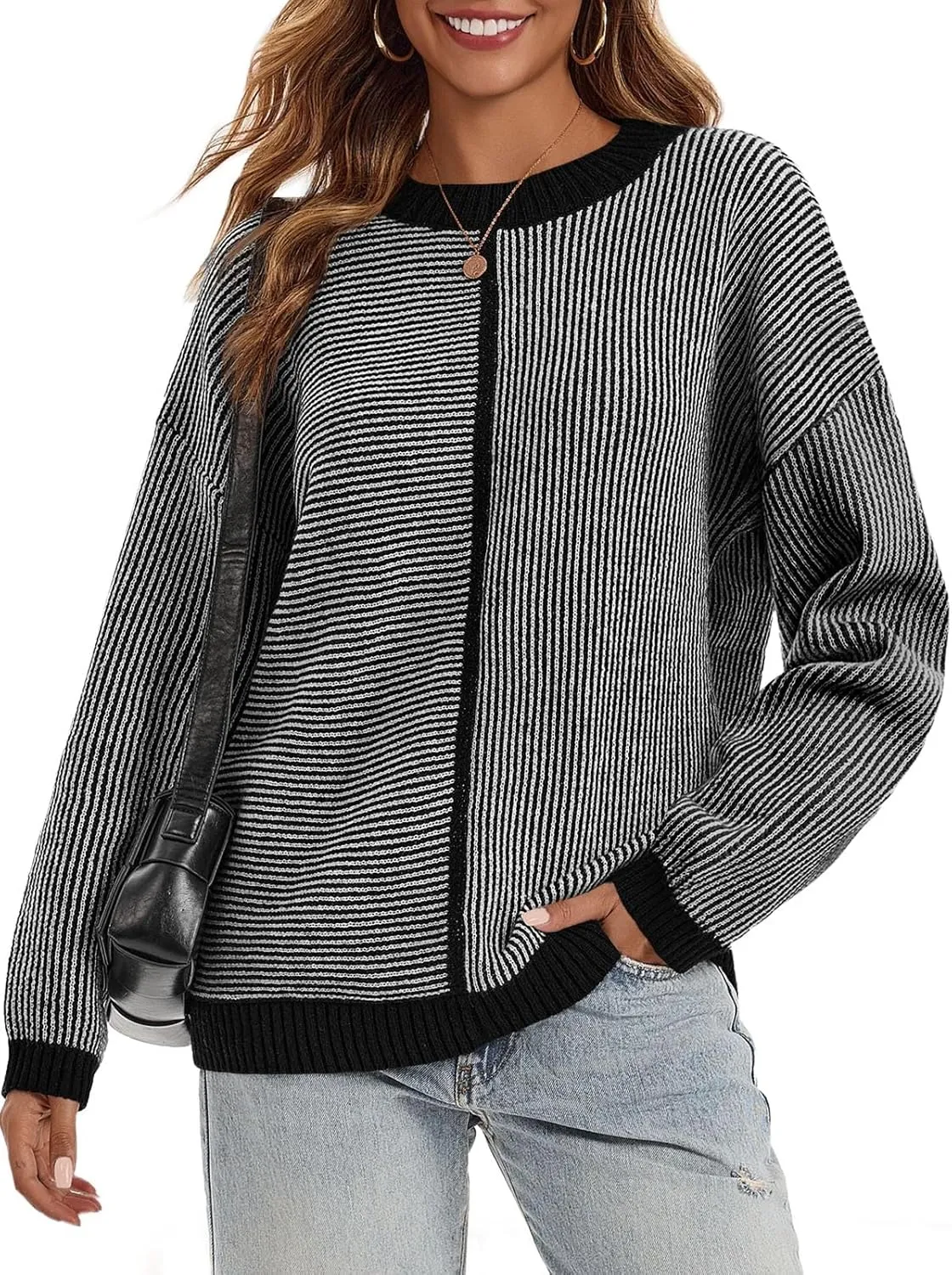 Saodimallsu Womens Striped Sweaters Oversized Winter Crew Neck Long Sleeve Ribbed Knit Trendy Pullover Tops