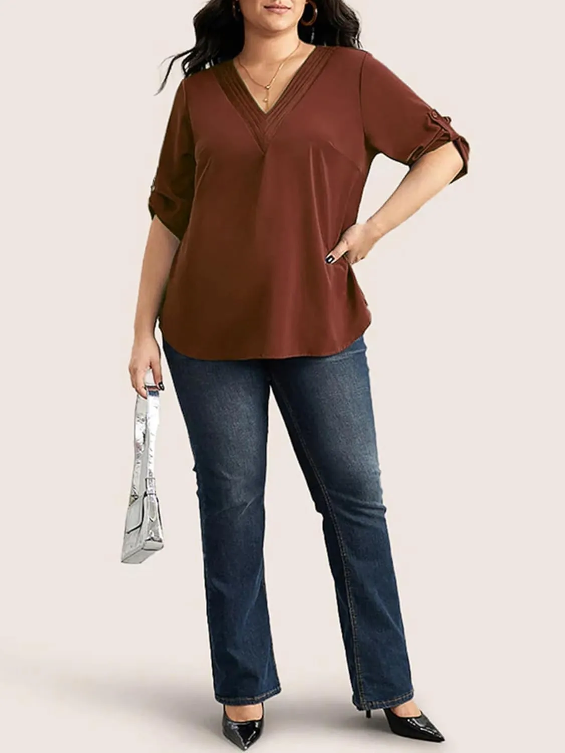 SCOMCHIC Women's Plus Size Blouses 3/4 Cuffed Sleeve Dressy Tunic Tops V Neck Casual Loose Blouse Pleated Shirts