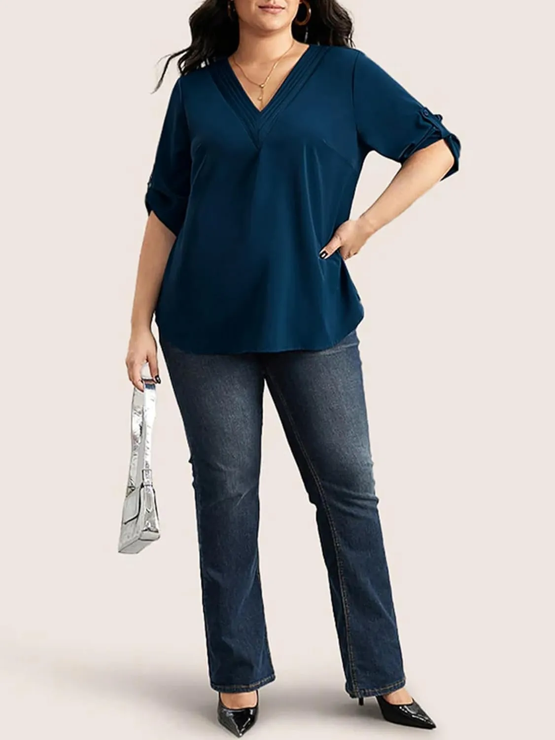 SCOMCHIC Women's Plus Size Blouses 3/4 Cuffed Sleeve Dressy Tunic Tops V Neck Casual Loose Blouse Pleated Shirts