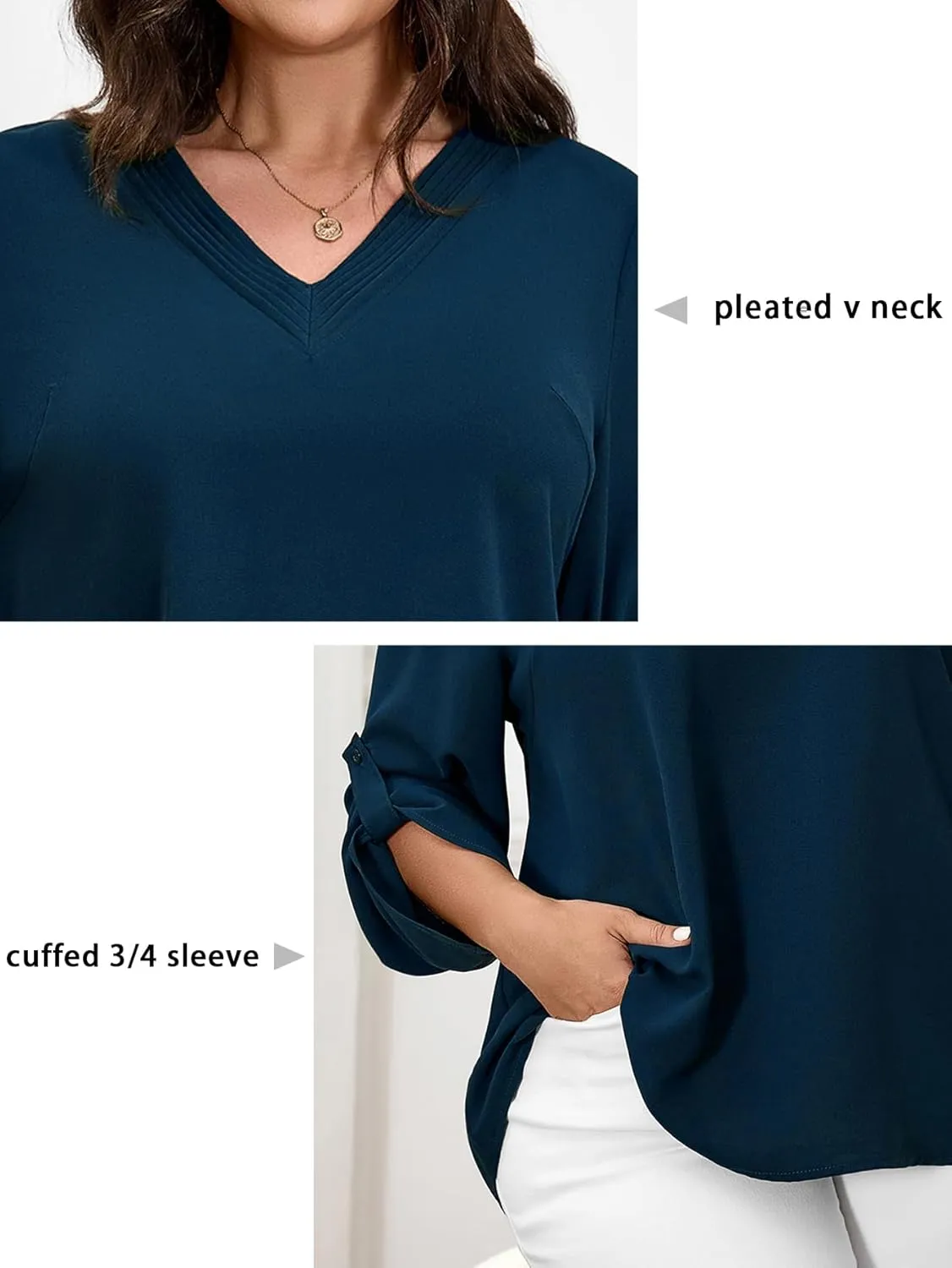 SCOMCHIC Women's Plus Size Blouses 3/4 Cuffed Sleeve Dressy Tunic Tops V Neck Casual Loose Blouse Pleated Shirts