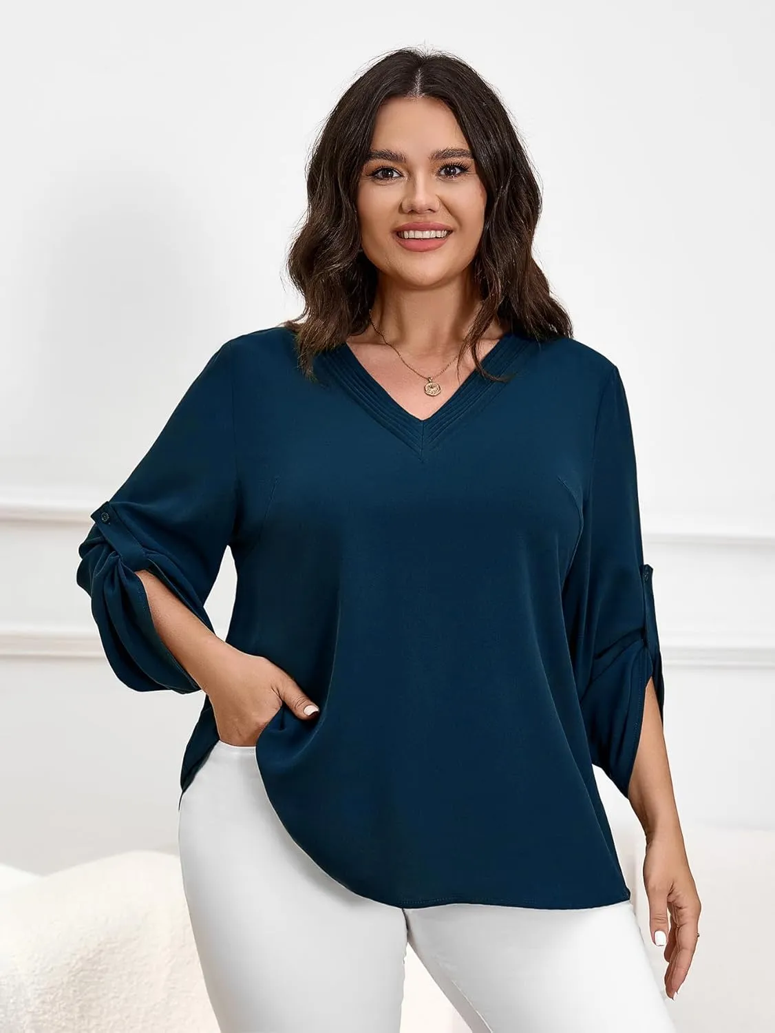 SCOMCHIC Women's Plus Size Blouses 3/4 Cuffed Sleeve Dressy Tunic Tops V Neck Casual Loose Blouse Pleated Shirts
