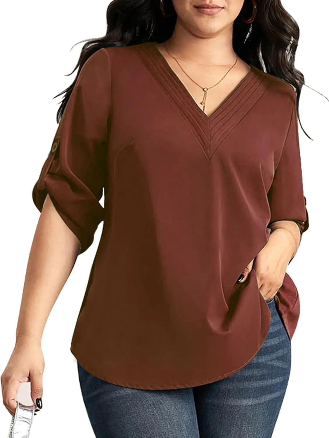 SCOMCHIC Women's Plus Size Blouses 3/4 Cuffed Sleeve Dressy Tunic Tops V Neck Casual Loose Blouse Pleated Shirts