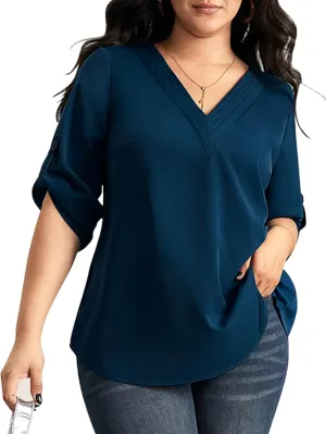 SCOMCHIC Women's Plus Size Blouses 3/4 Cuffed Sleeve Dressy Tunic Tops V Neck Casual Loose Blouse Pleated Shirts
