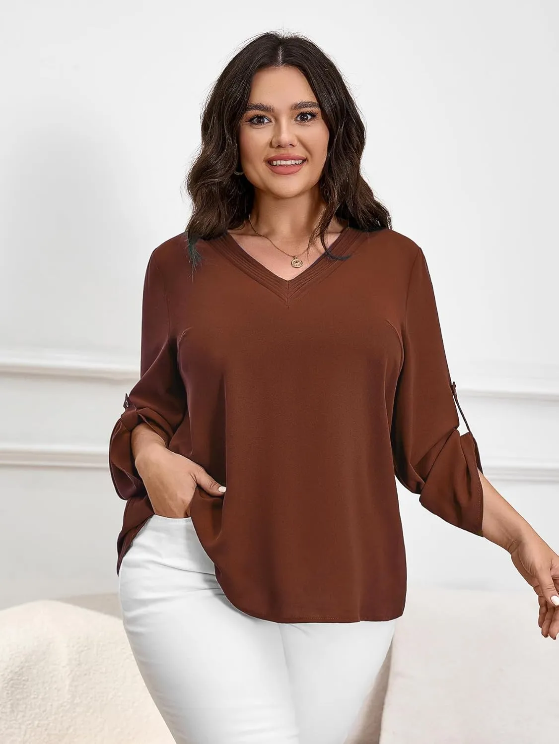 SCOMCHIC Women's Plus Size Blouses 3/4 Cuffed Sleeve Dressy Tunic Tops V Neck Casual Loose Blouse Pleated Shirts