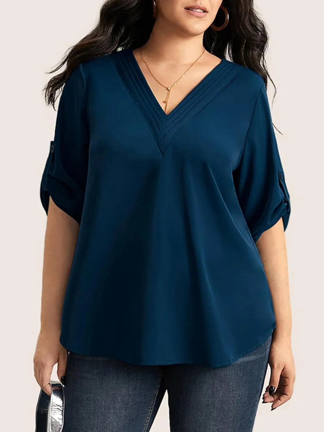 SCOMCHIC Women's Plus Size Blouses 3/4 Cuffed Sleeve Dressy Tunic Tops V Neck Casual Loose Blouse Pleated Shirts
