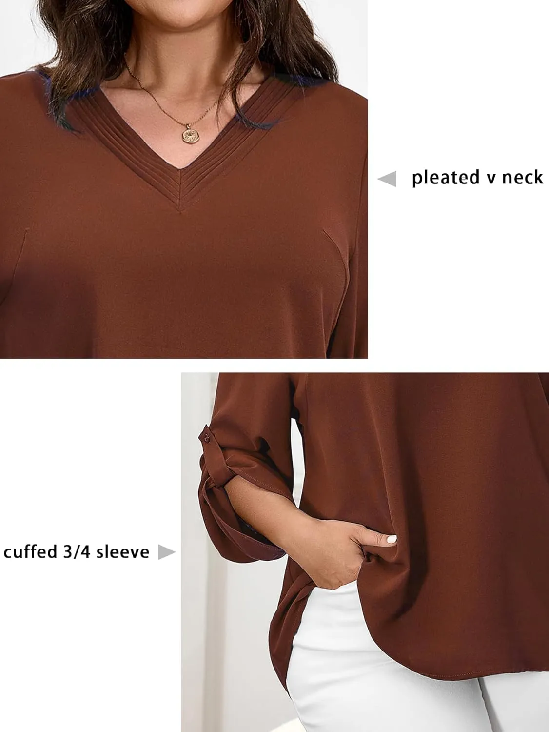 SCOMCHIC Women's Plus Size Blouses 3/4 Cuffed Sleeve Dressy Tunic Tops V Neck Casual Loose Blouse Pleated Shirts