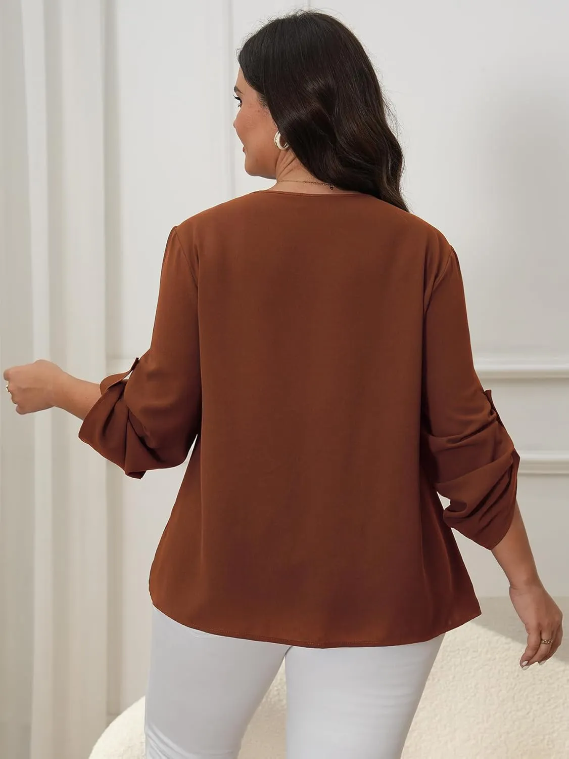 SCOMCHIC Women's Plus Size Blouses 3/4 Cuffed Sleeve Dressy Tunic Tops V Neck Casual Loose Blouse Pleated Shirts
