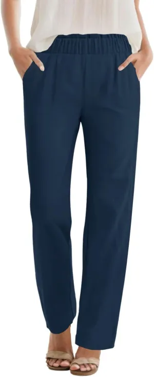 SEMARO Womens Casual High Waisted Linen Feel Pants Tapered Vacation Lounge Pants Trousers with Pockets