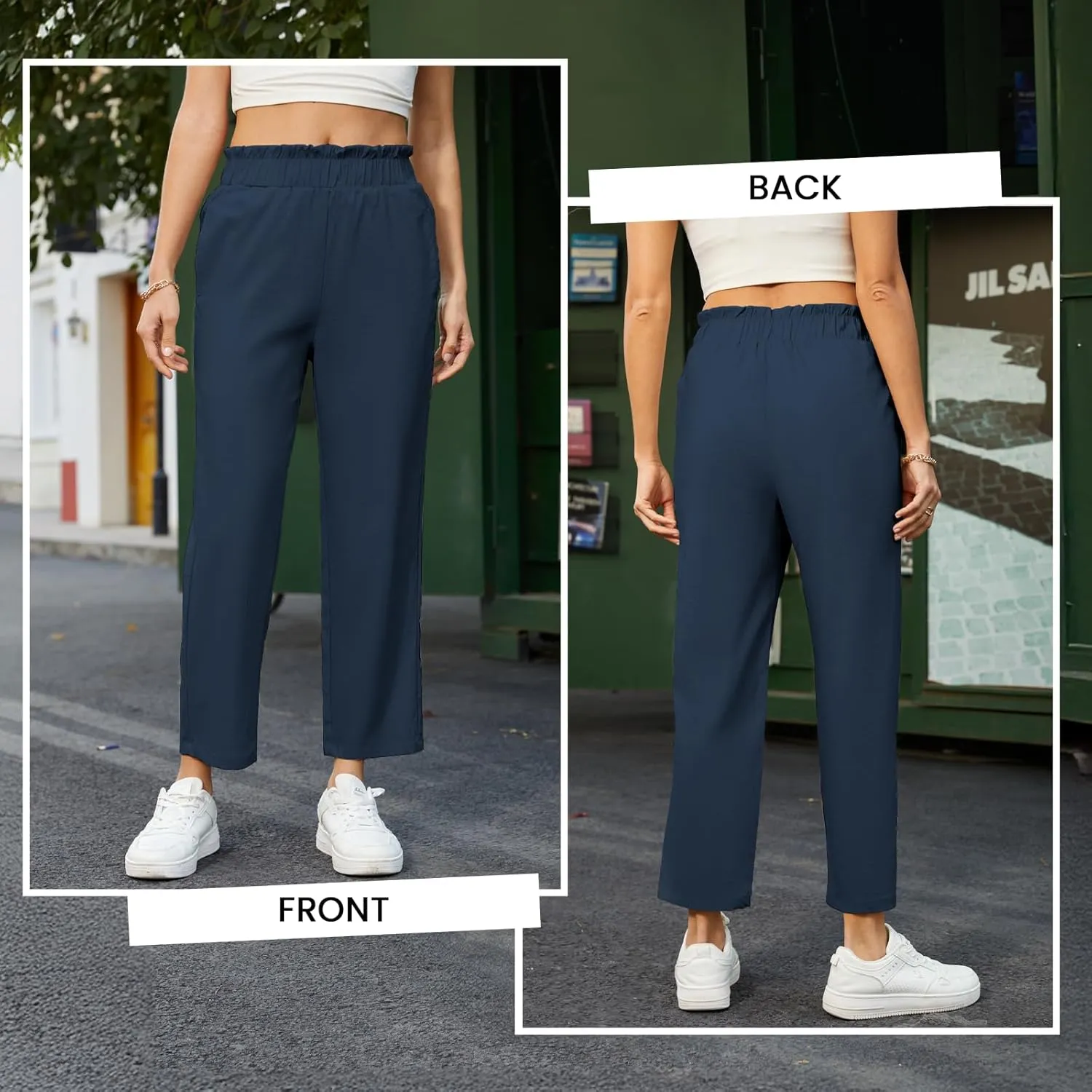 SEMARO Womens Casual High Waisted Linen Feel Pants Tapered Vacation Lounge Pants Trousers with Pockets