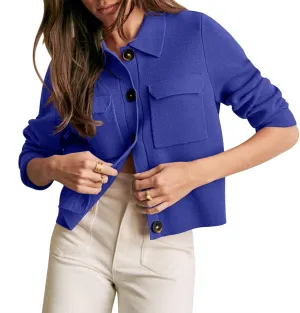 Senllen Women Cropped Cardigan Sweaters 2025 Casual Trendy Collared Button Down Open Front Long Sleeve Knit Shackets Jackets