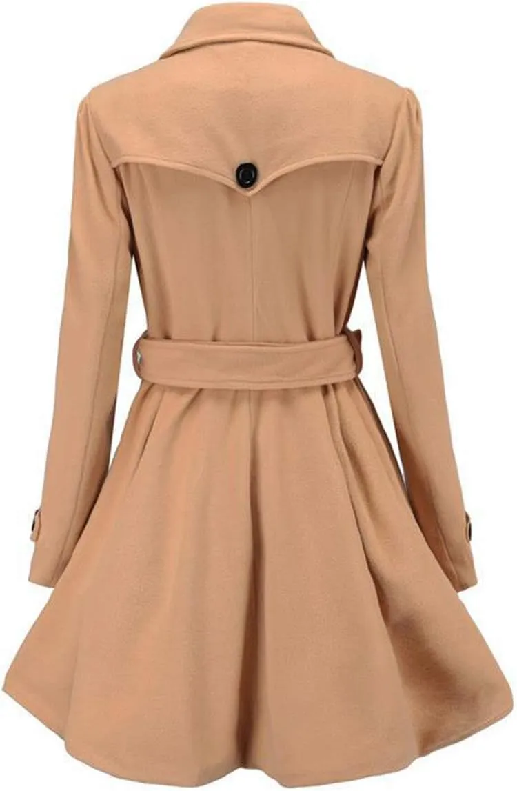 Sexyshine Women's Winter Double Breasted Dress Coats Winter Trench Jacket with Belt A-Line Mid Long Slim Flared Swing Peacoat