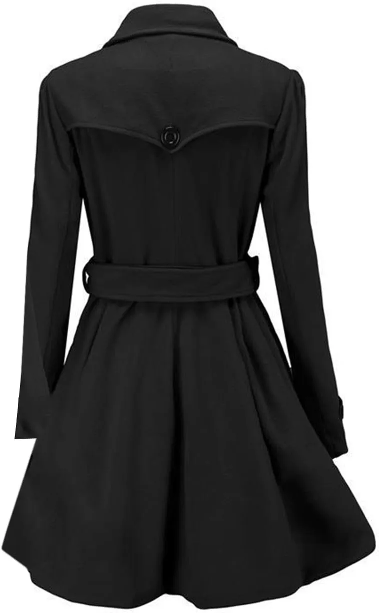 Sexyshine Women's Winter Double Breasted Dress Coats Winter Trench Jacket with Belt A-Line Mid Long Slim Flared Swing Peacoat