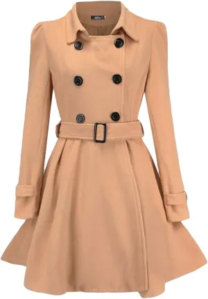 Sexyshine Women's Winter Double Breasted Dress Coats Winter Trench Jacket with Belt A-Line Mid Long Slim Flared Swing Peacoat