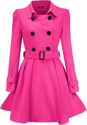 Sexyshine Women's Winter Double Breasted Dress Coats Winter Trench Jacket with Belt A-Line Mid Long Slim Flared Swing Peacoat