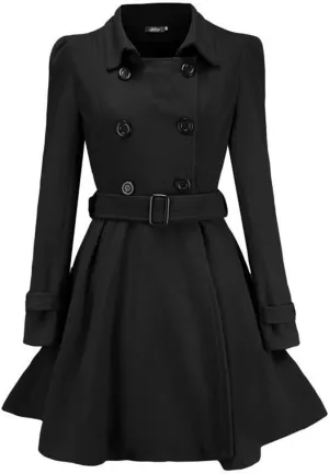 Sexyshine Women's Winter Double Breasted Dress Coats Winter Trench Jacket with Belt A-Line Mid Long Slim Flared Swing Peacoat