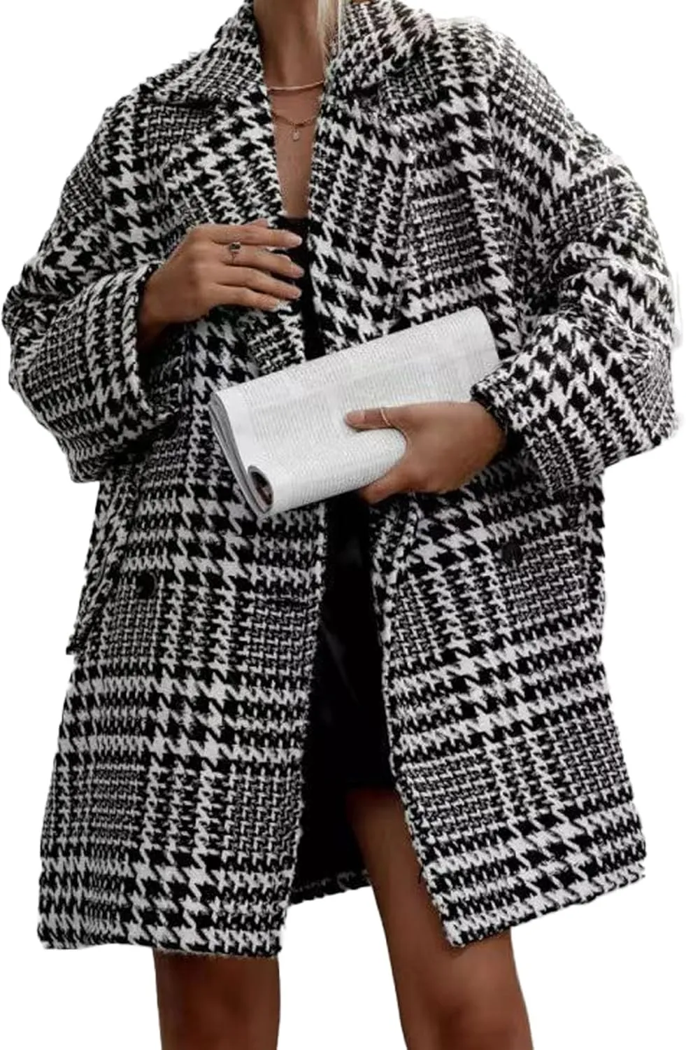 Sexyshine Women's Winter Double Breasted Houndstooth Coat Notch Lapel Plaid Wool Blend Pea Coat Mid Long Outwear Jacket
