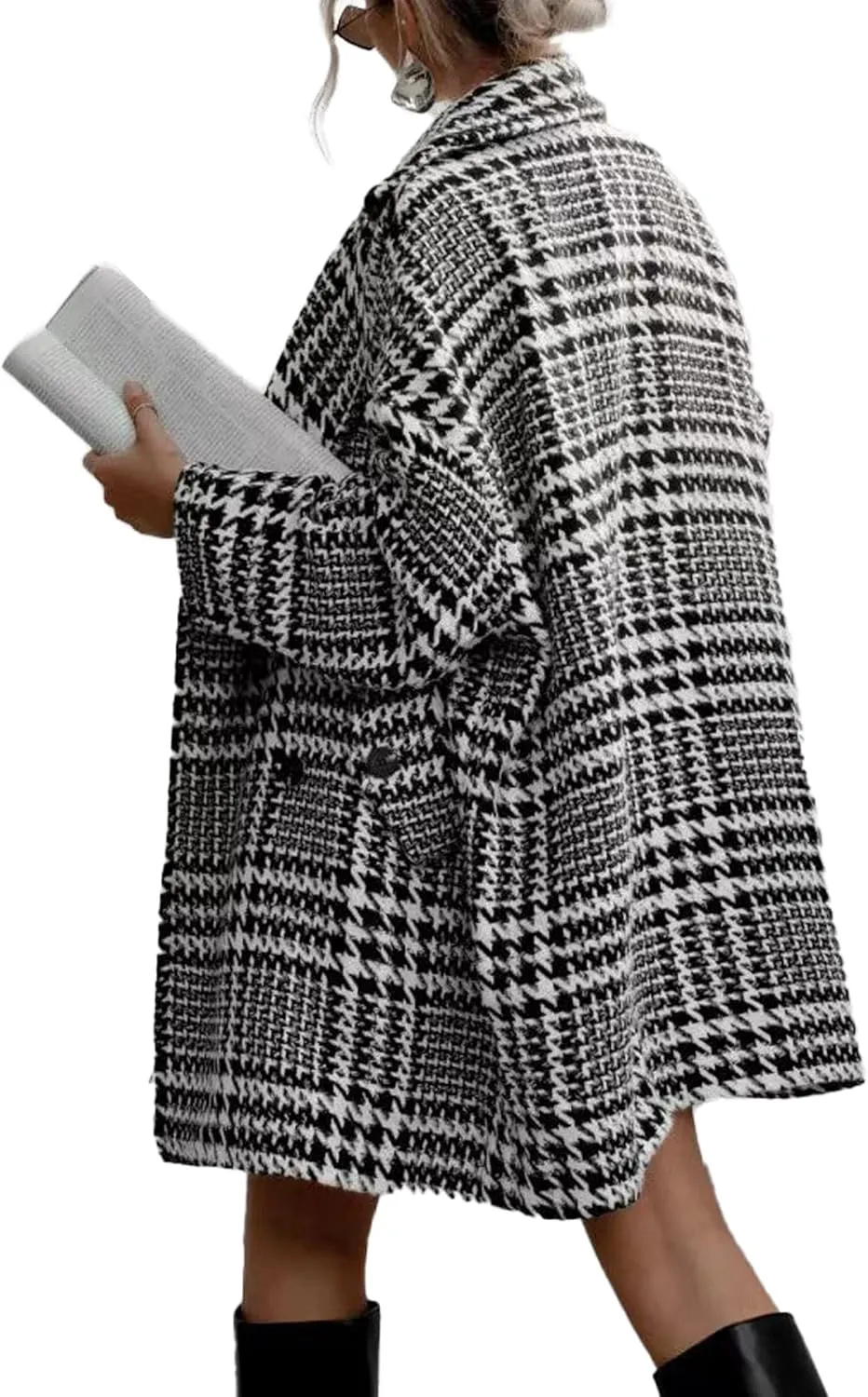 Sexyshine Women's Winter Double Breasted Houndstooth Coat Notch Lapel Plaid Wool Blend Pea Coat Mid Long Outwear Jacket