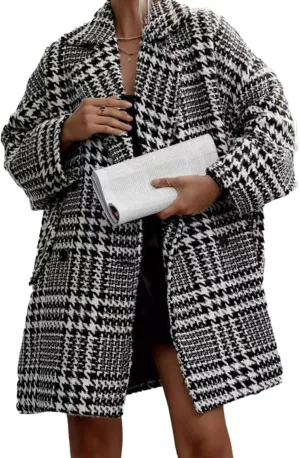Sexyshine Women's Winter Double Breasted Houndstooth Coat Notch Lapel Plaid Wool Blend Pea Coat Mid Long Outwear Jacket