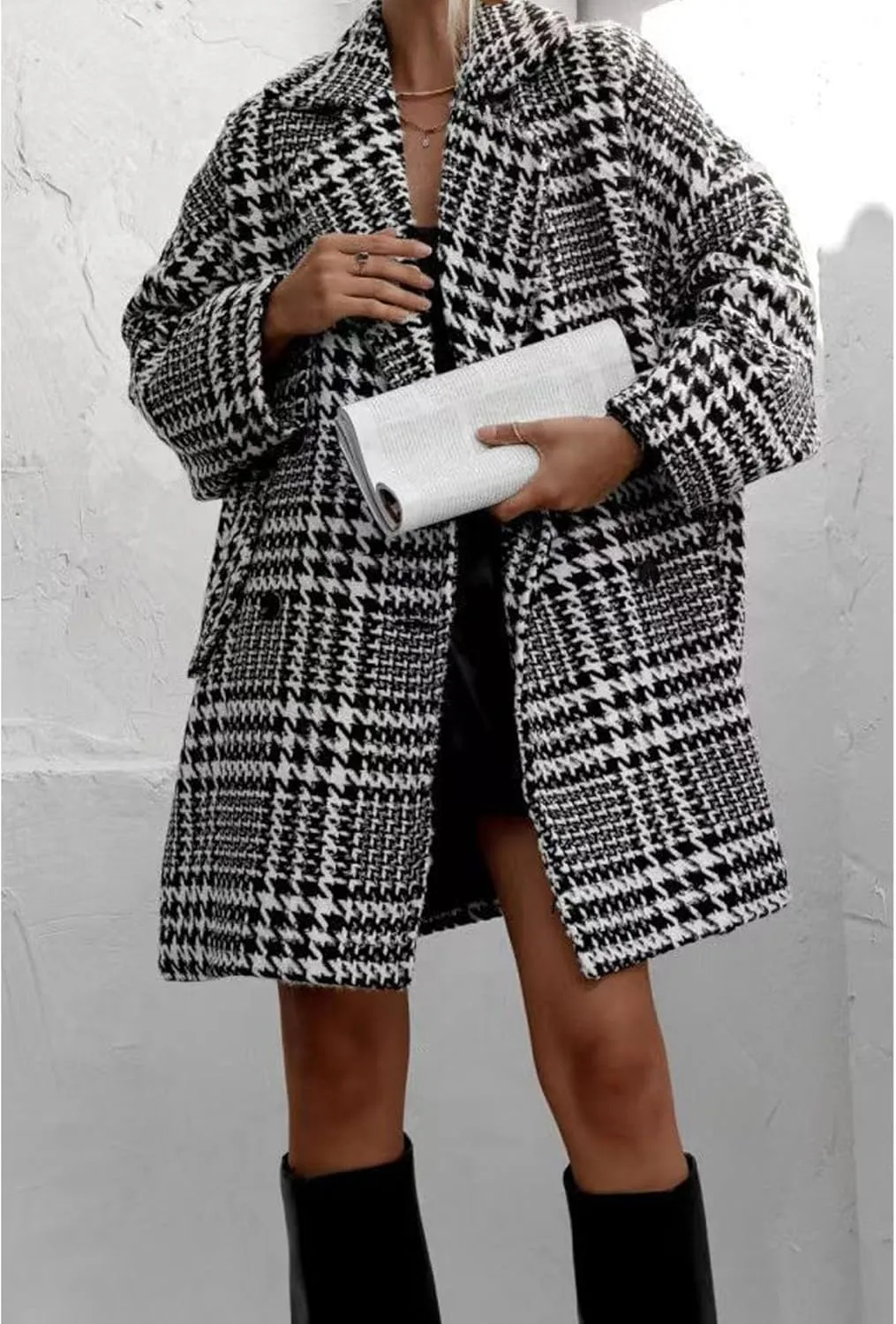 Sexyshine Women's Winter Double Breasted Houndstooth Coat Notch Lapel Plaid Wool Blend Pea Coat Mid Long Outwear Jacket