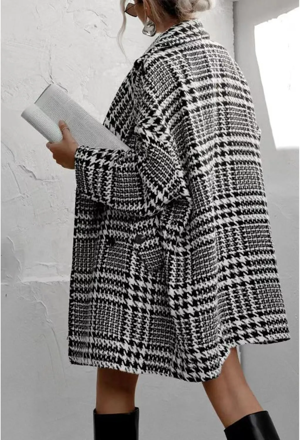 Sexyshine Women's Winter Double Breasted Houndstooth Coat Notch Lapel Plaid Wool Blend Pea Coat Mid Long Outwear Jacket