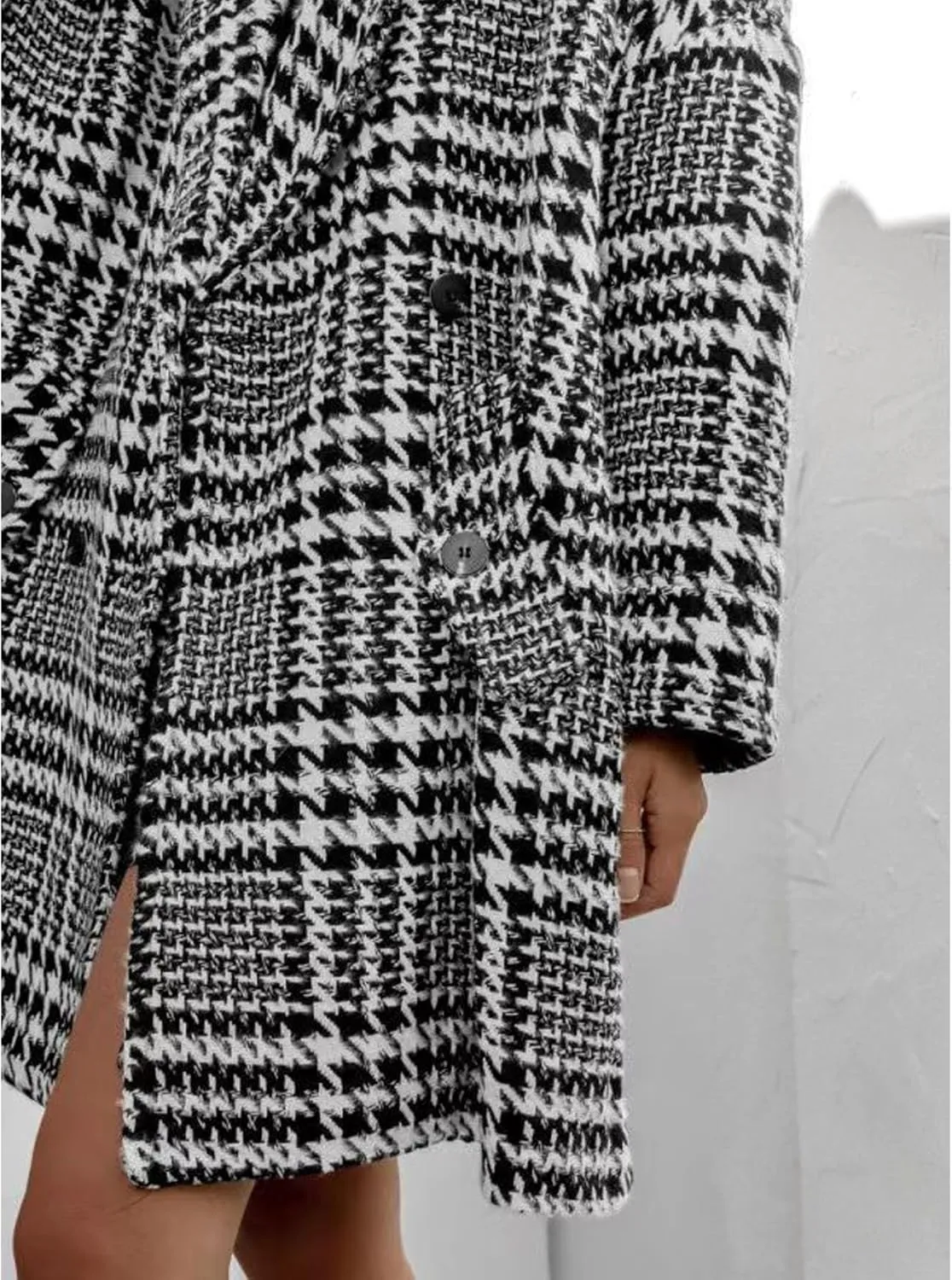 Sexyshine Women's Winter Double Breasted Houndstooth Coat Notch Lapel Plaid Wool Blend Pea Coat Mid Long Outwear Jacket