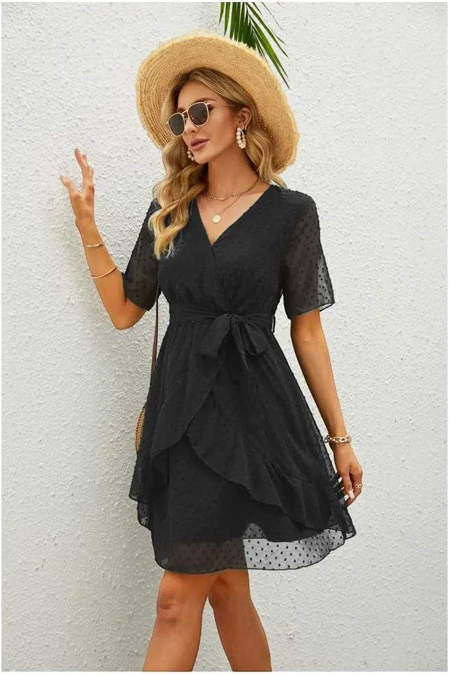 Sherosa Women's Summer V Neck Ruffles Faux Wrap Dress Swiss Dot Tie Belt Short Sleeve Flowy Short Dresses Wedding Guest
