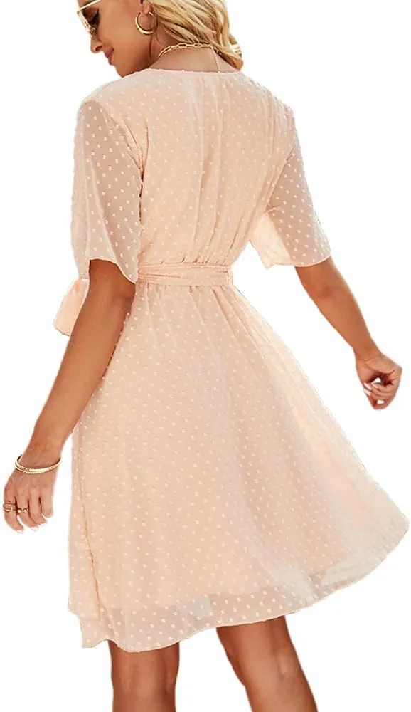Sherosa Women's Summer V Neck Ruffles Faux Wrap Dress Swiss Dot Tie Belt Short Sleeve Flowy Short Dresses Wedding Guest