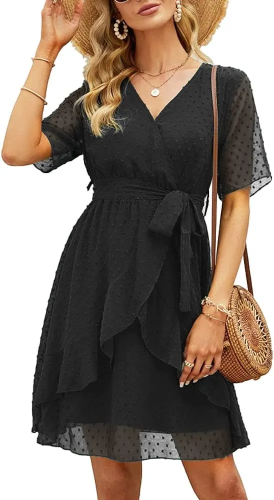 Sherosa Women's Summer V Neck Ruffles Faux Wrap Dress Swiss Dot Tie Belt Short Sleeve Flowy Short Dresses Wedding Guest